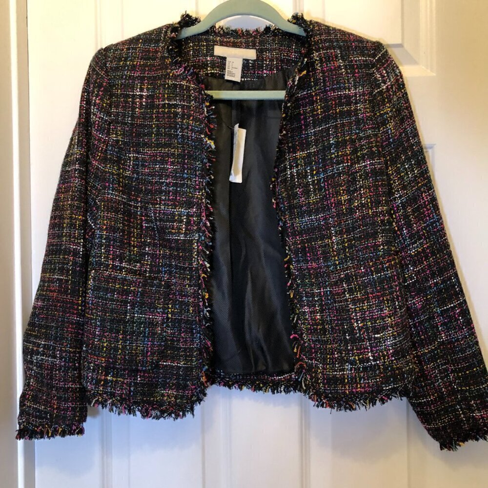 H& M Tweed Woven Textured Raw, Frayed Edge Short Jacket Size 6 NWT - Picture 2 of 14